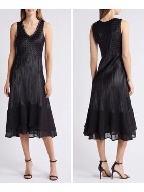 Komarov Black Satin/Lace Charmeuse Sleeveless Textured Midi Dress NEW